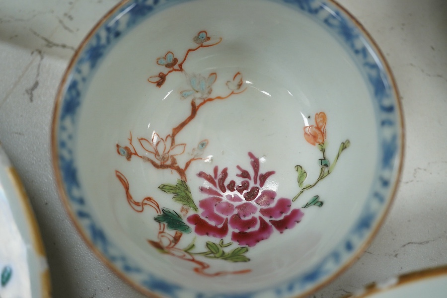 Nine items of mixed 18th century and later Chinese ceramics etc., largest plate 22.5cm diameter. Condition - minor chips to plate and bowl edges